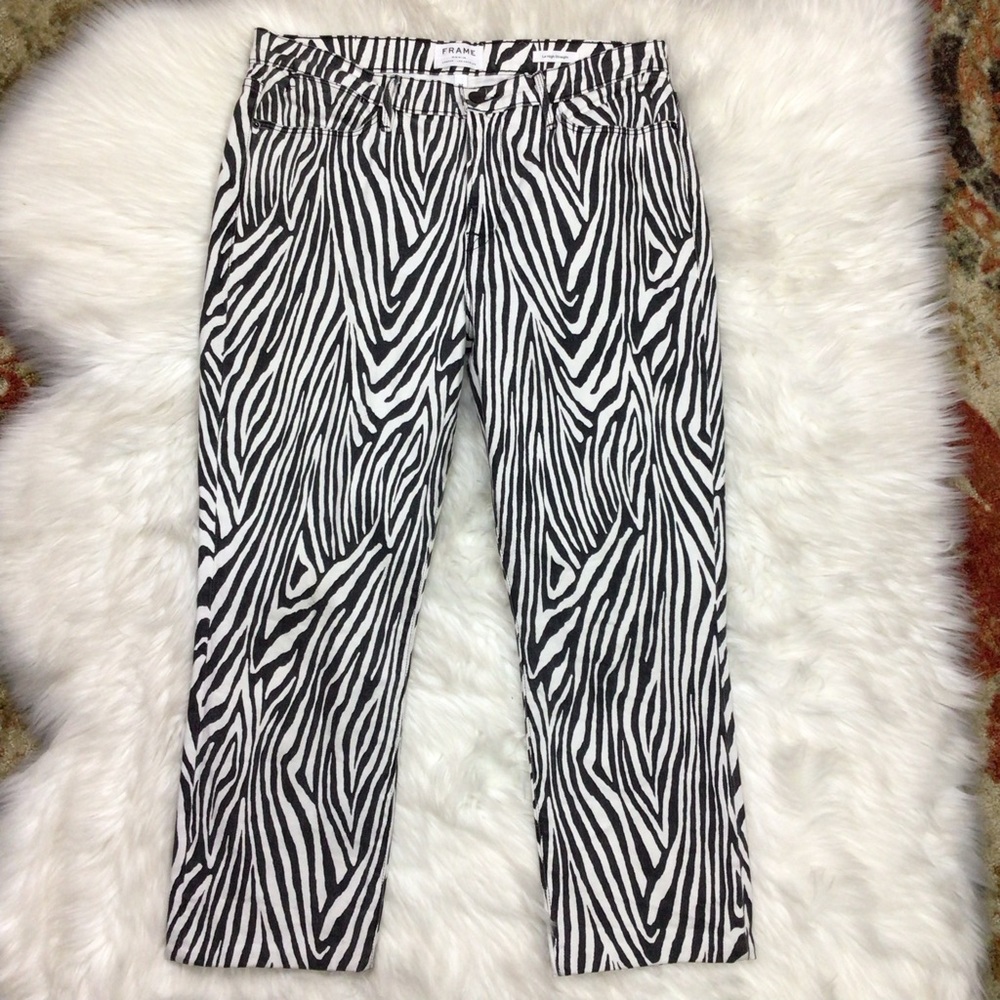 Frame Denim Le High Straight Zebra Print Cropped Jeans Bold Chic Fun 33x24.5